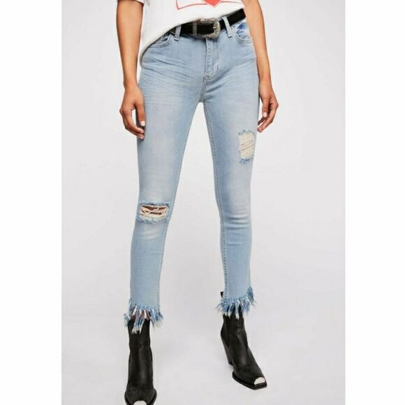 Free People Great Heights Light Blue Frayed Blue Distressed Skinny Jeans Women’s - Picture 11 of 12
